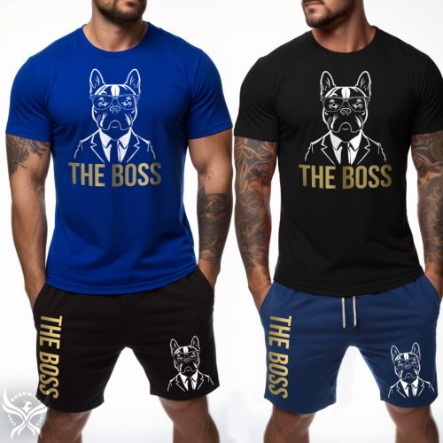 The boss - Francia bulldog férfi póló (kék, fekete) + rövidnadrág (fekete, navy)