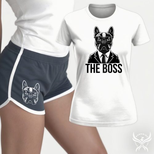 The Boss - Francia bulldog női fehér póló + szürke short