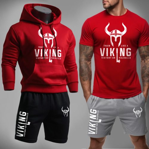 Train like a Viking - Piros pulóver és póló + fekete és szürke rövidnadrág